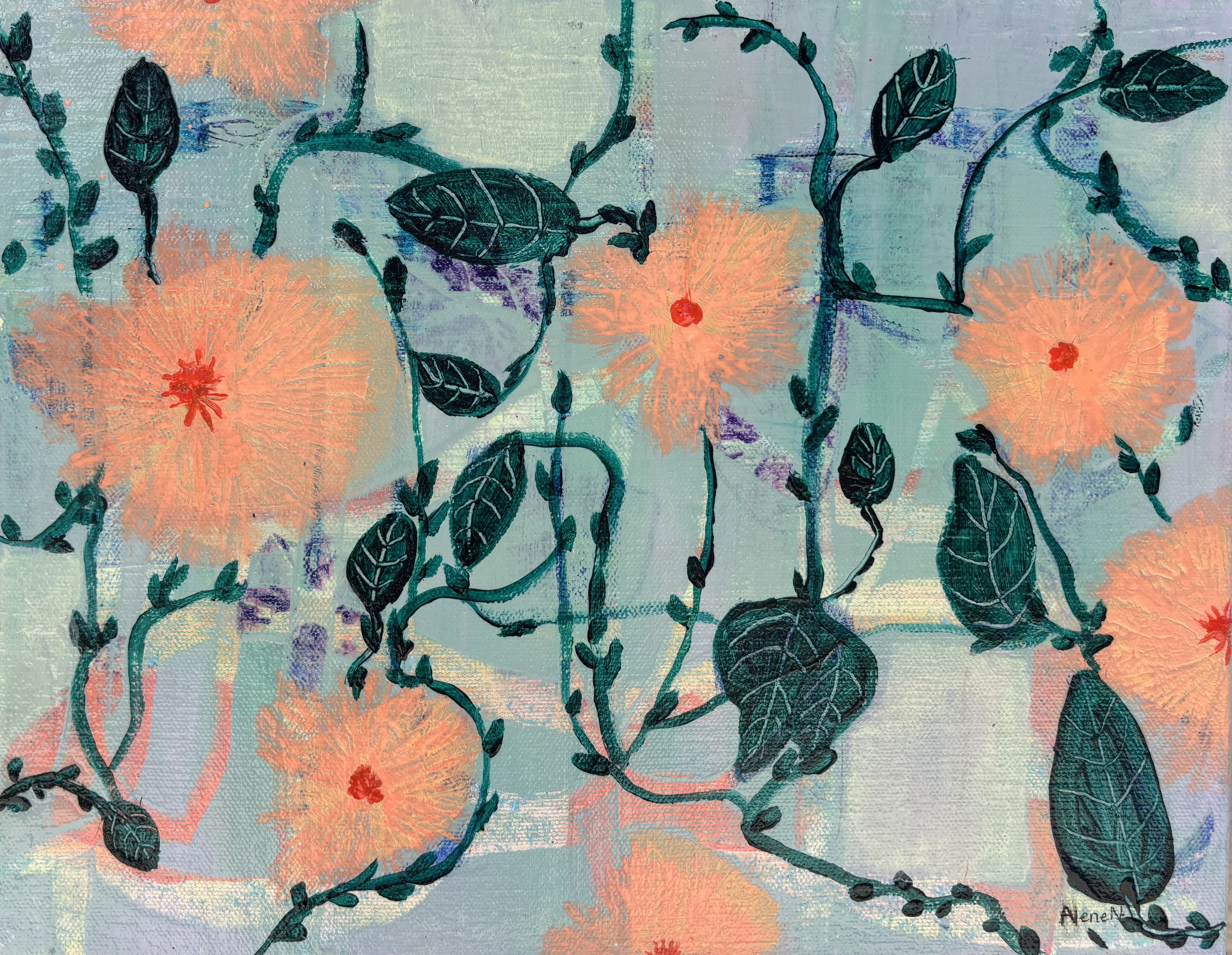 On the Vine — acrylic on canvas 14×11 in, peach blooms and teal vines by Alene Nitzky, Fort Collins Colorado